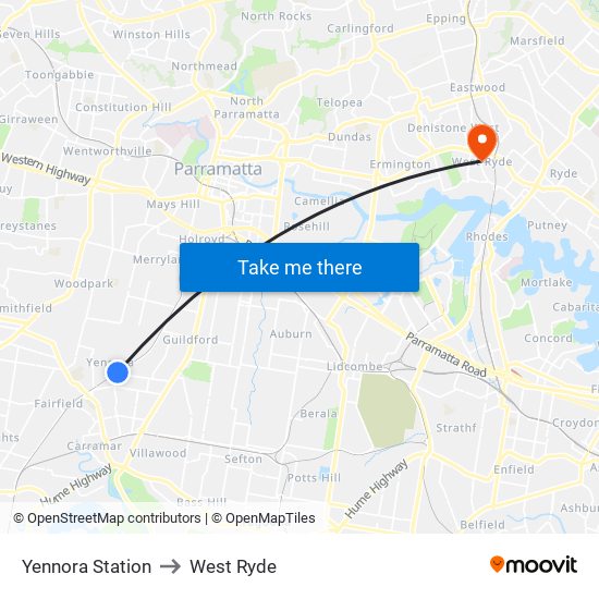 Yennora Station to West Ryde map