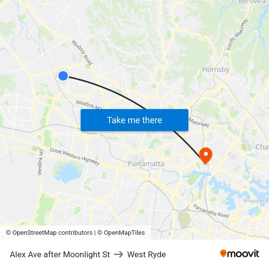 Alex Ave after Moonlight St to West Ryde map