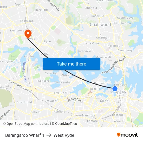Barangaroo Wharf 1 to West Ryde map