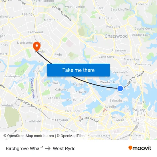 Birchgrove Wharf to West Ryde map