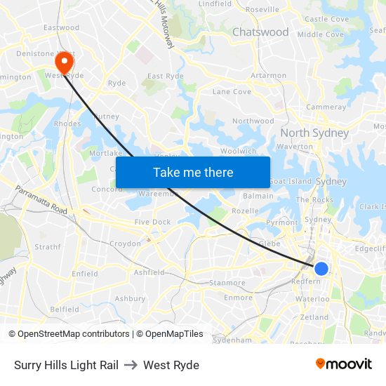Surry Hills Light Rail to West Ryde map