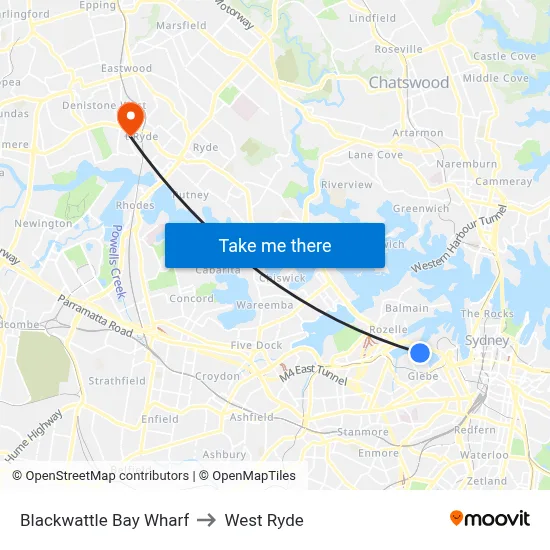 Blackwattle Bay Wharf to West Ryde map