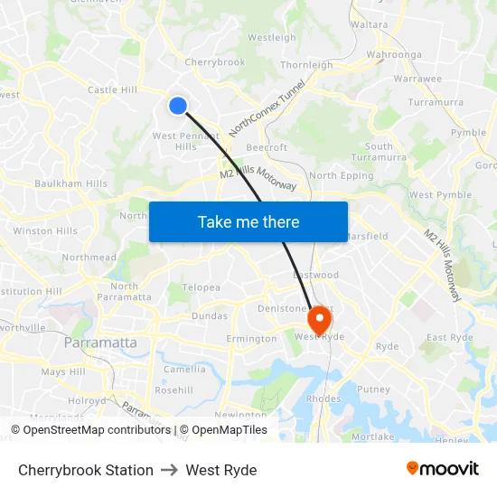 Cherrybrook Station to West Ryde map