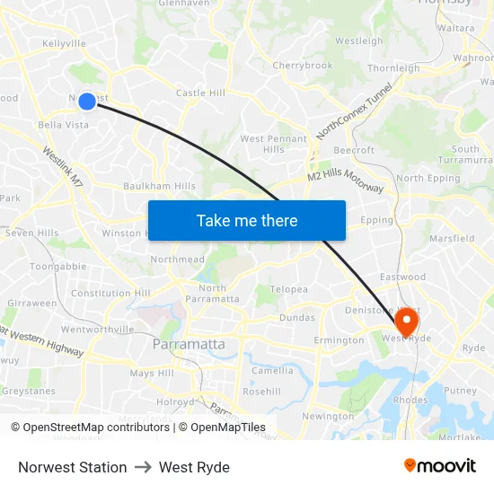 Norwest Station to West Ryde map