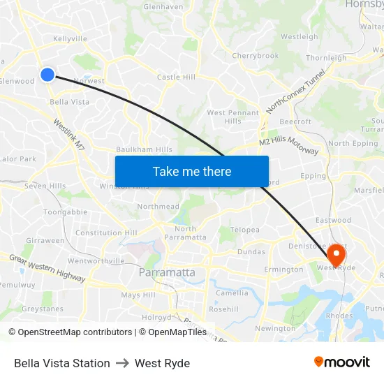 Bella Vista Station to West Ryde map