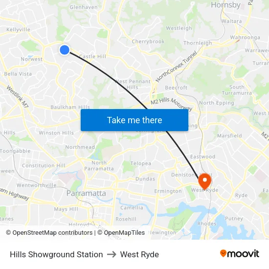 Hills Showground Station to West Ryde map