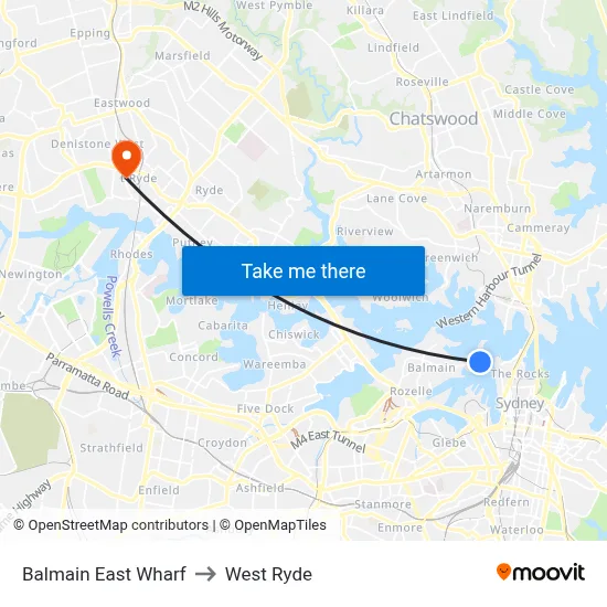 Balmain East Wharf to West Ryde map