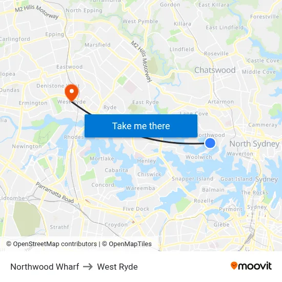 Northwood Wharf to West Ryde map