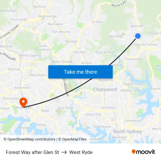 Forest Way after Glen St to West Ryde map
