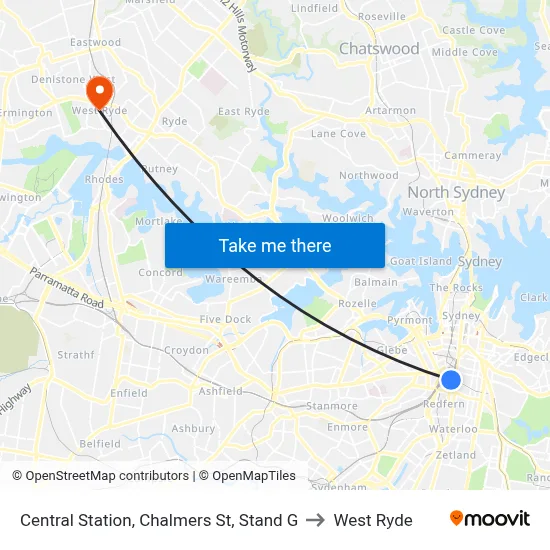 Central Station, Chalmers St, Stand G to West Ryde map