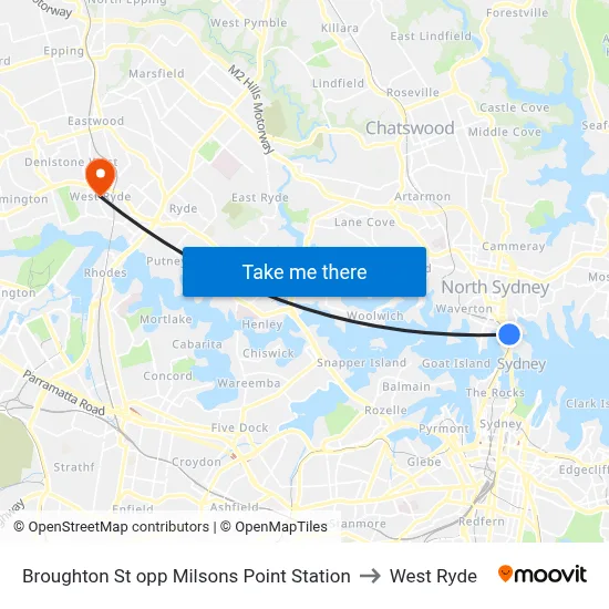 Broughton St opp Milsons Point Station to West Ryde map