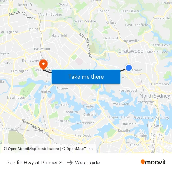 Pacific Hwy at Palmer St to West Ryde map