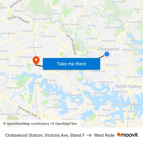 Chatswood Station, Victoria Ave, Stand F to West Ryde map