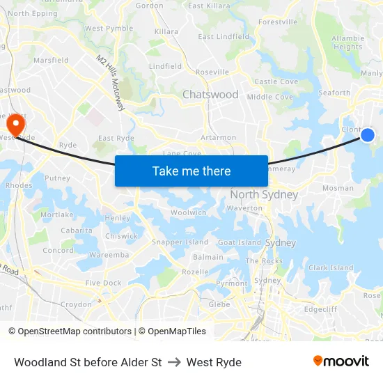Woodland St before Alder St to West Ryde map