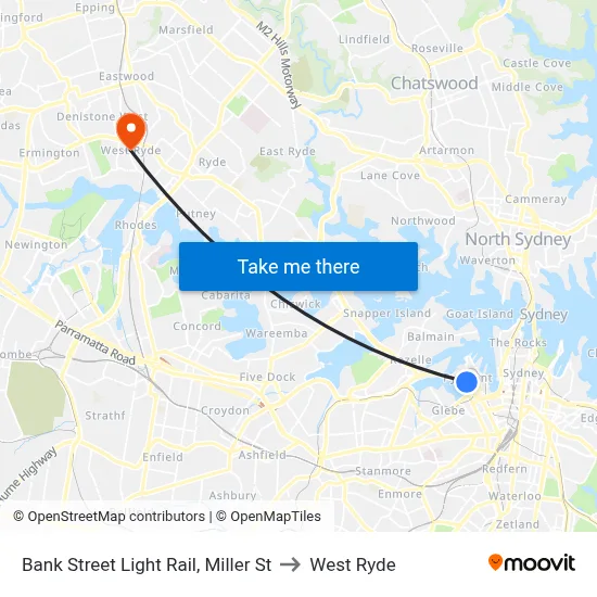 Bank Street Light Rail, Miller St to West Ryde map