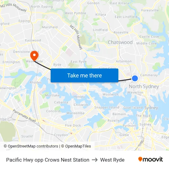 Pacific Hwy opp Crows Nest Station to West Ryde map