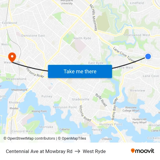Centennial Ave at Mowbray Rd to West Ryde map