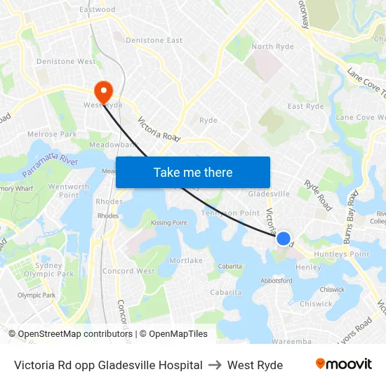 Victoria Rd opp Gladesville Hospital to West Ryde map