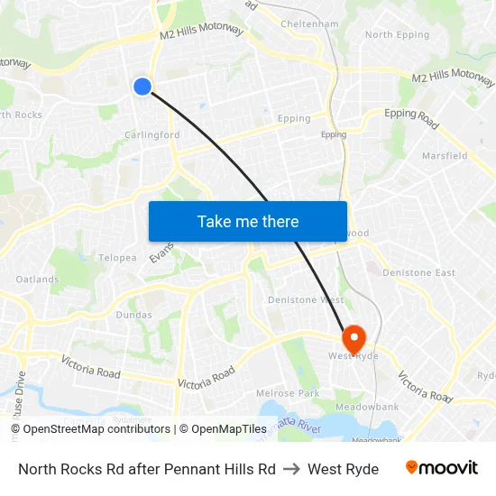North Rocks Rd after Pennant Hills Rd to West Ryde map