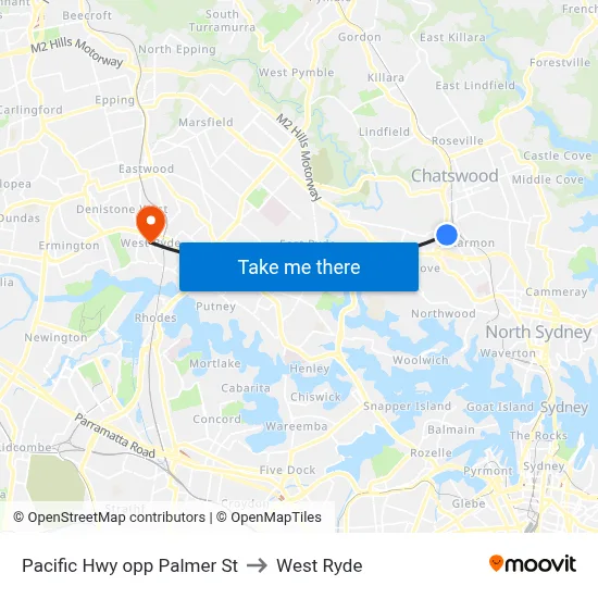 Pacific Hwy opp Palmer St to West Ryde map