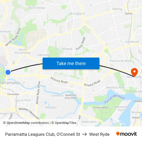Parramatta Leagues Club, O'Connell St to West Ryde map