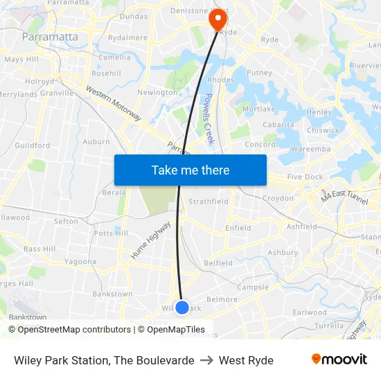 Wiley Park Station, The Boulevarde to West Ryde map