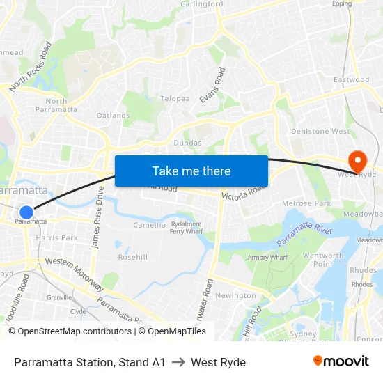 Parramatta Station, Stand A1 to West Ryde map