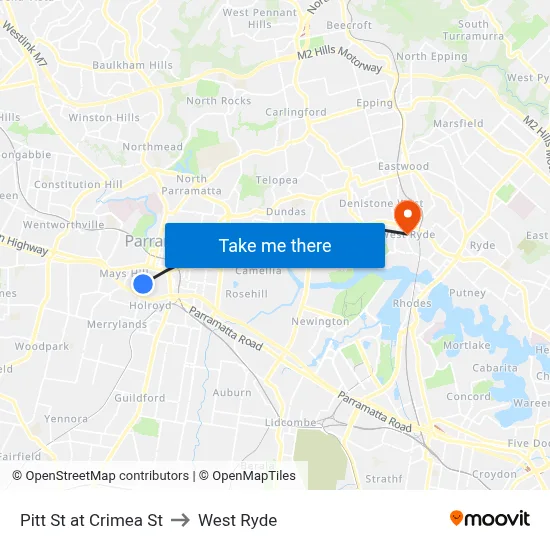 Pitt St at Crimea St to West Ryde map