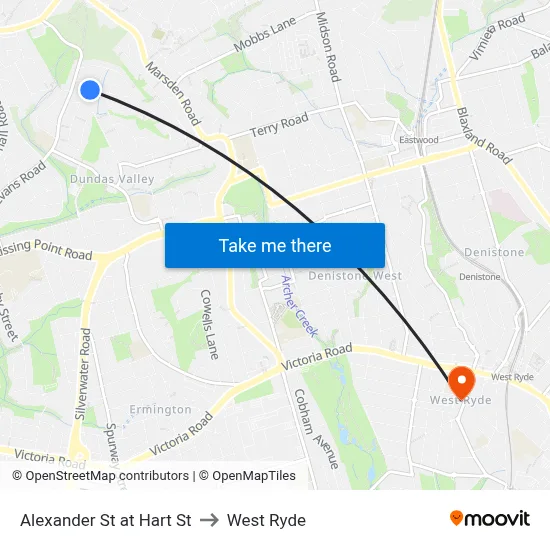 Alexander St at Hart St to West Ryde map