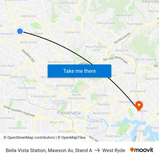 Bella Vista Station, Mawson Av, Stand A to West Ryde map