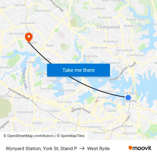 Wynyard Station, York St, Stand P to West Ryde map