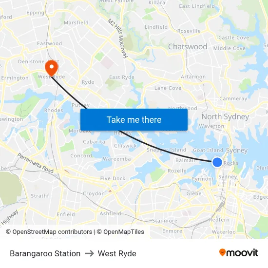 Barangaroo Station to West Ryde map