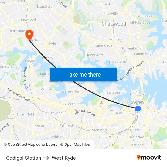 Gadigal Station to West Ryde map