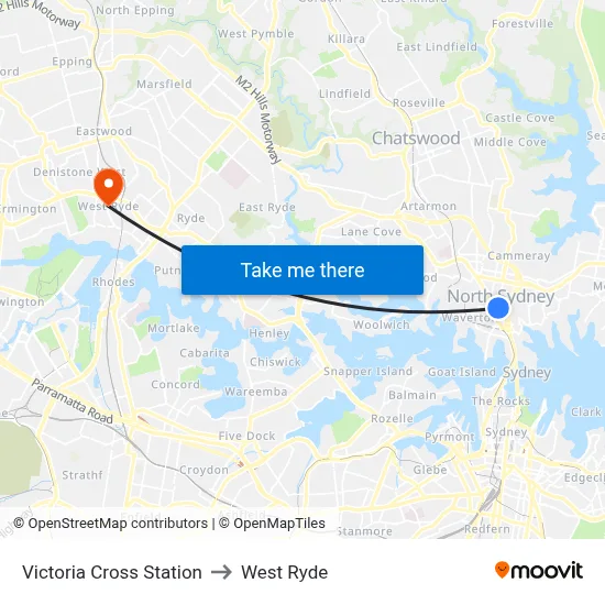 Victoria Cross Station to West Ryde map