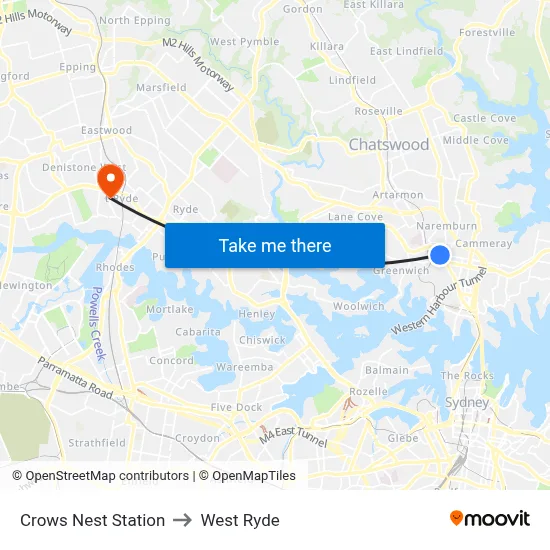 Crows Nest Station to West Ryde map