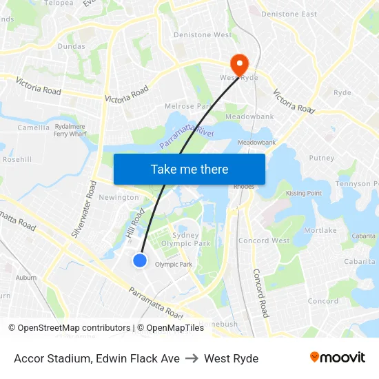 Accor Stadium, Edwin Flack Ave to West Ryde map