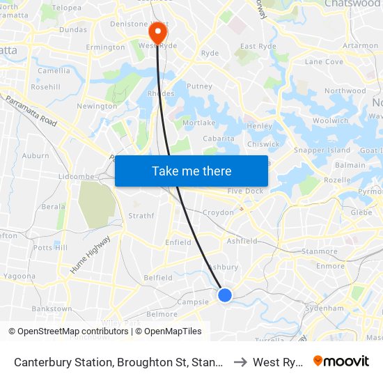 Canterbury Station, Broughton St, Stand A to West Ryde map