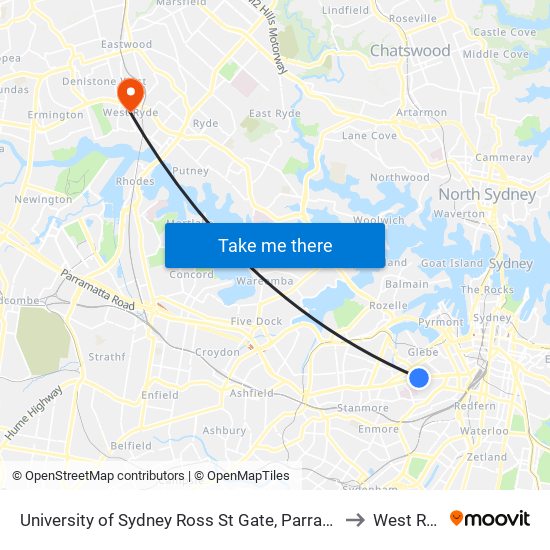 University of Sydney Ross St Gate, Parramatta Rd to West Ryde map