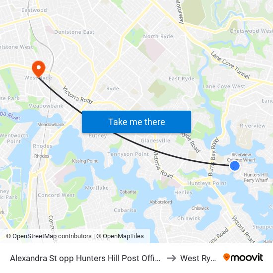 Alexandra St opp Hunters Hill Post Office to West Ryde map