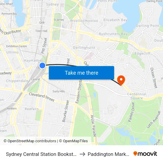 Sydney Central Station Bookstore to Paddington Markets map