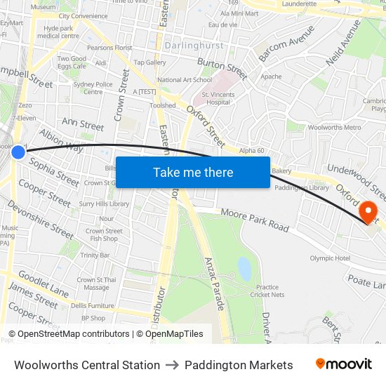 Woolworths Central Station to Paddington Markets map