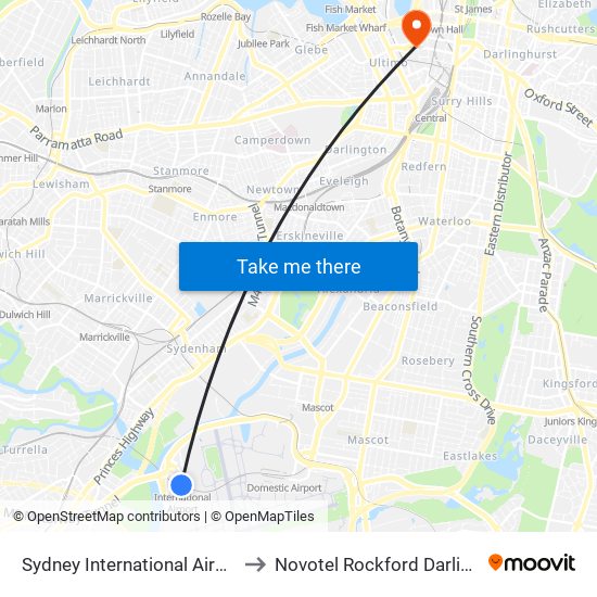Sydney International Airport Station to Novotel Rockford Darling Harbour map