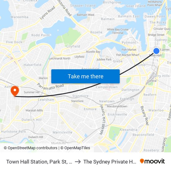 Town Hall Station, Park St, Stand J to The Sydney Private Hospital map