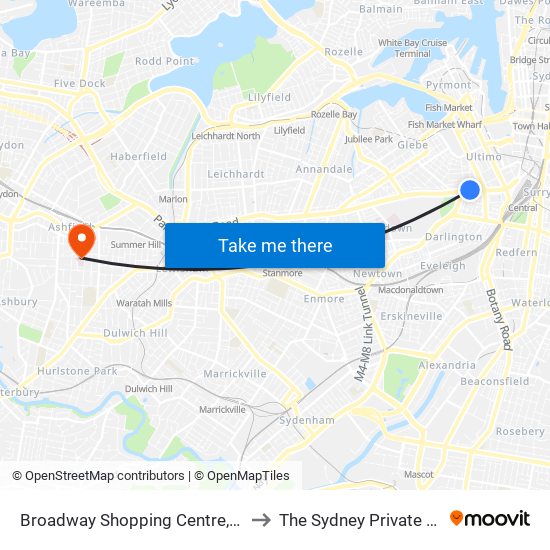 Broadway Shopping Centre, Broadway to The Sydney Private Hospital map