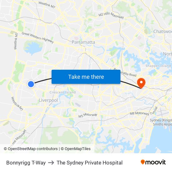 Bonnyrigg T-Way to The Sydney Private Hospital map
