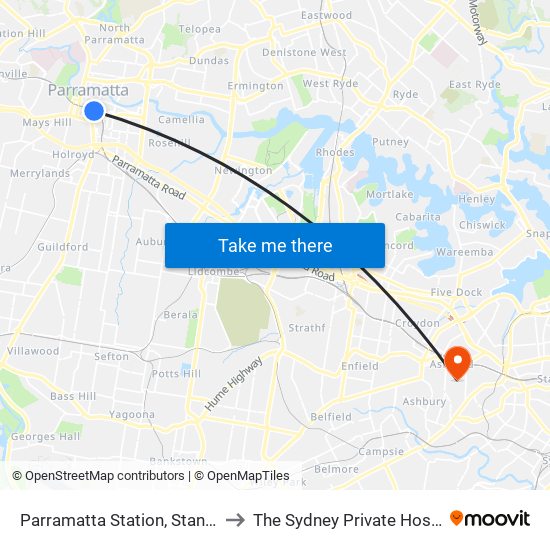 Parramatta Station, Stand A2 to The Sydney Private Hospital map