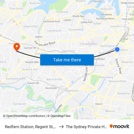 Redfern Station, Regent St, Stand C to The Sydney Private Hospital map
