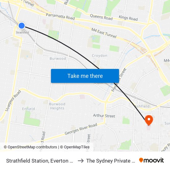 Strathfield Station, Everton Rd, Stand B to The Sydney Private Hospital map