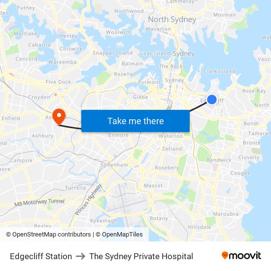 Edgecliff Station to The Sydney Private Hospital map