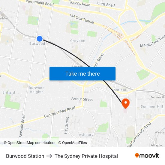 Burwood Station to The Sydney Private Hospital map